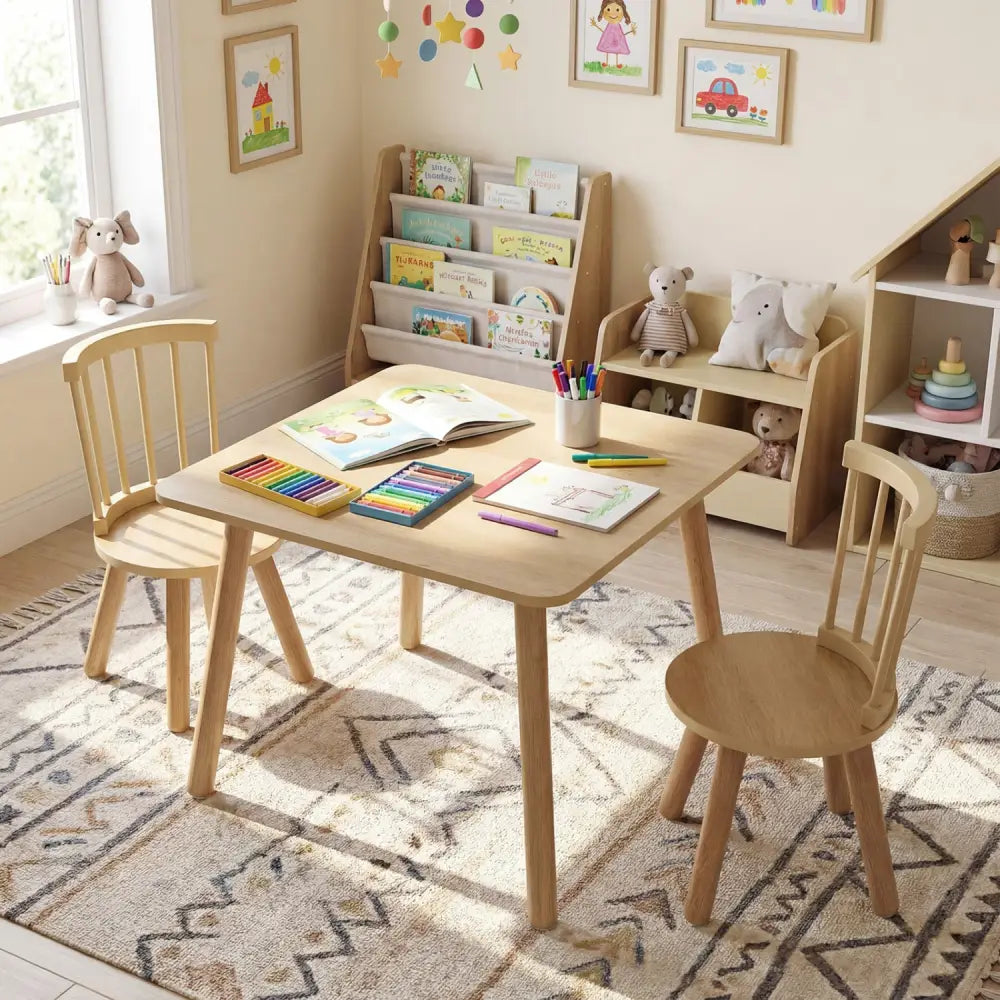 Kids Wooden Table and Chairs Set 3-Piece Toddler Furniture with Pine Wood Frame-Natural - Natural - Kids Table & Chair