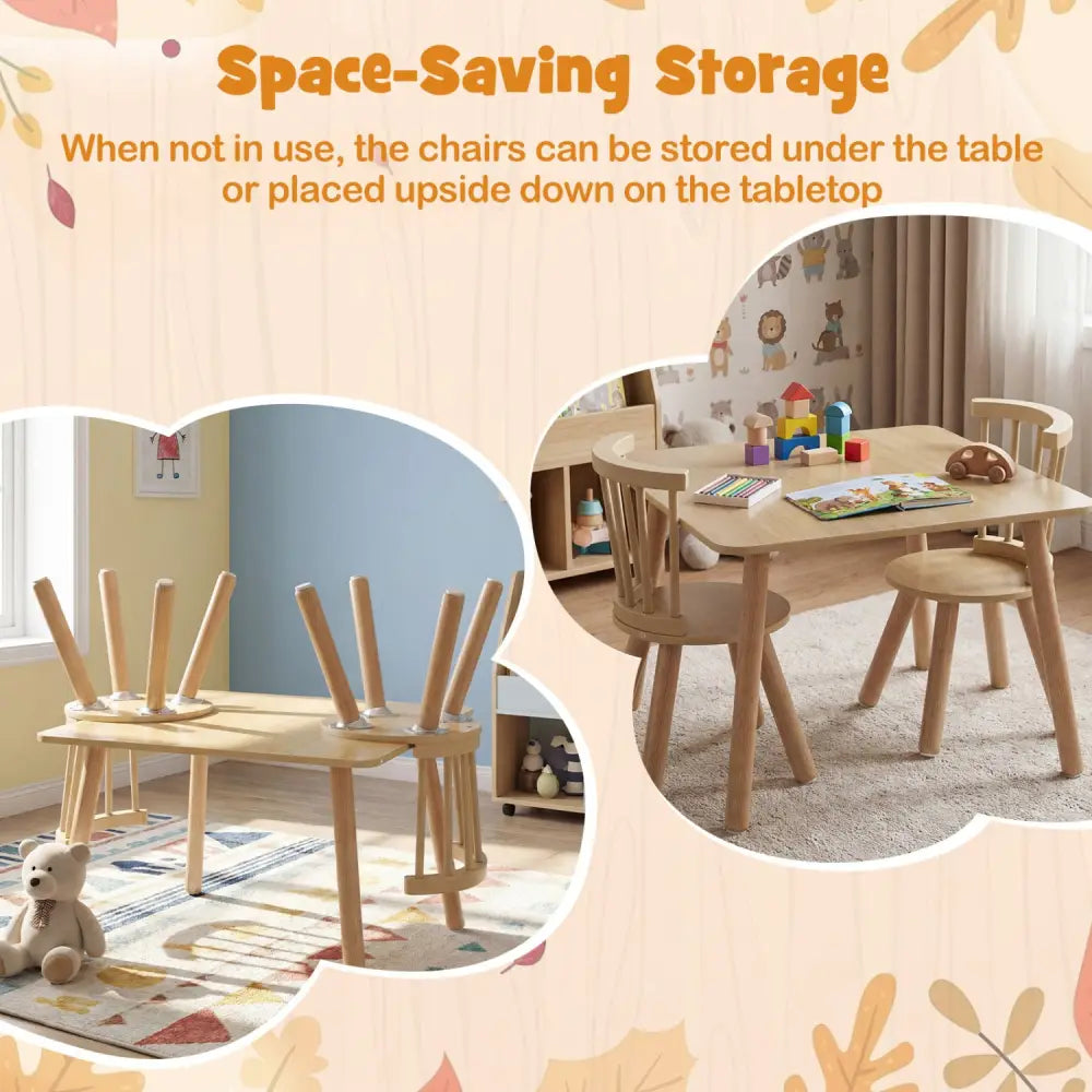 Kids Wooden Table and Chairs Set 3-Piece Toddler Furniture with Pine Wood Frame-Natural - Natural - Kids Table & Chair