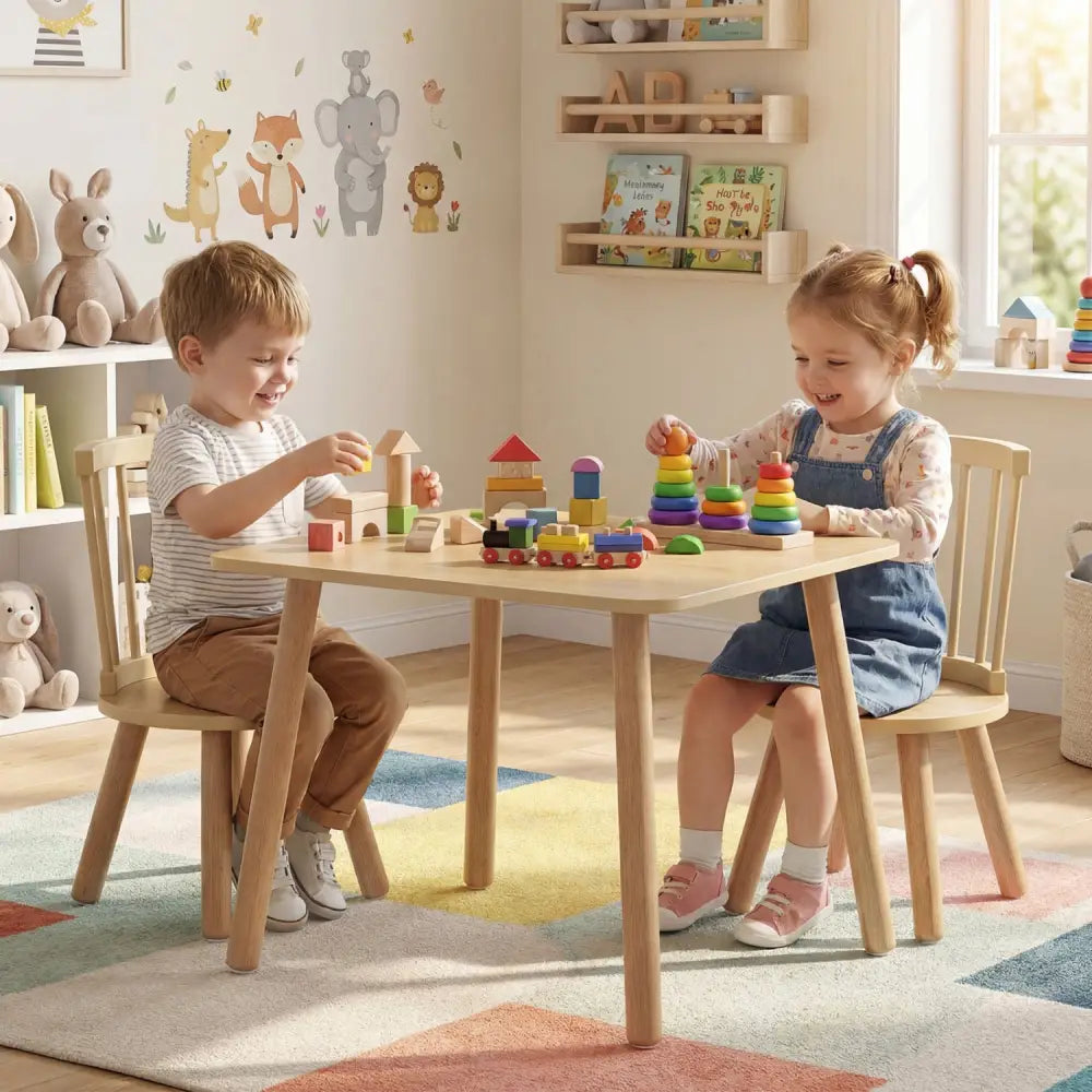Kids Wooden Table and Chairs Set 3-Piece Toddler Furniture with Pine Wood Frame-Natural - Natural - Kids Table & Chair