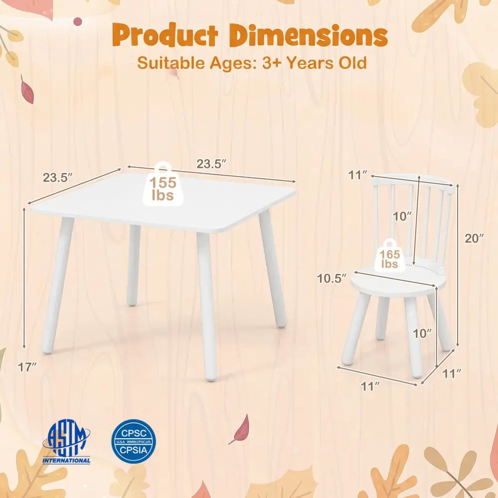 Kids Wooden Table and Chairs Set 3-Piece Toddler Furniture with Pine Wood Frame-White - White - Kids Table & Chair Sets