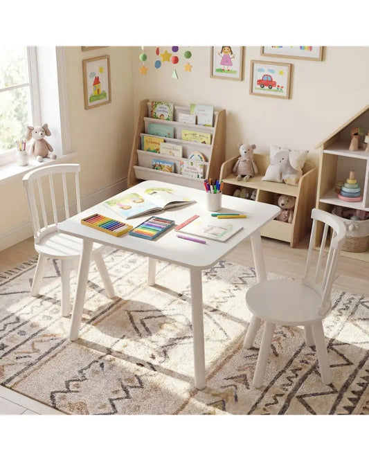 Kids Wooden Table and Chairs Set 3-Piece Toddler Furniture with Pine Wood Frame-White - White - Kids Table & Chair Sets