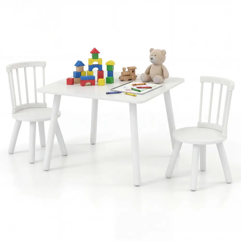 Kids Wooden Table and Chairs Set 3-Piece Toddler Furniture with Pine Wood Frame-White - White - Kids Table & Chair Sets