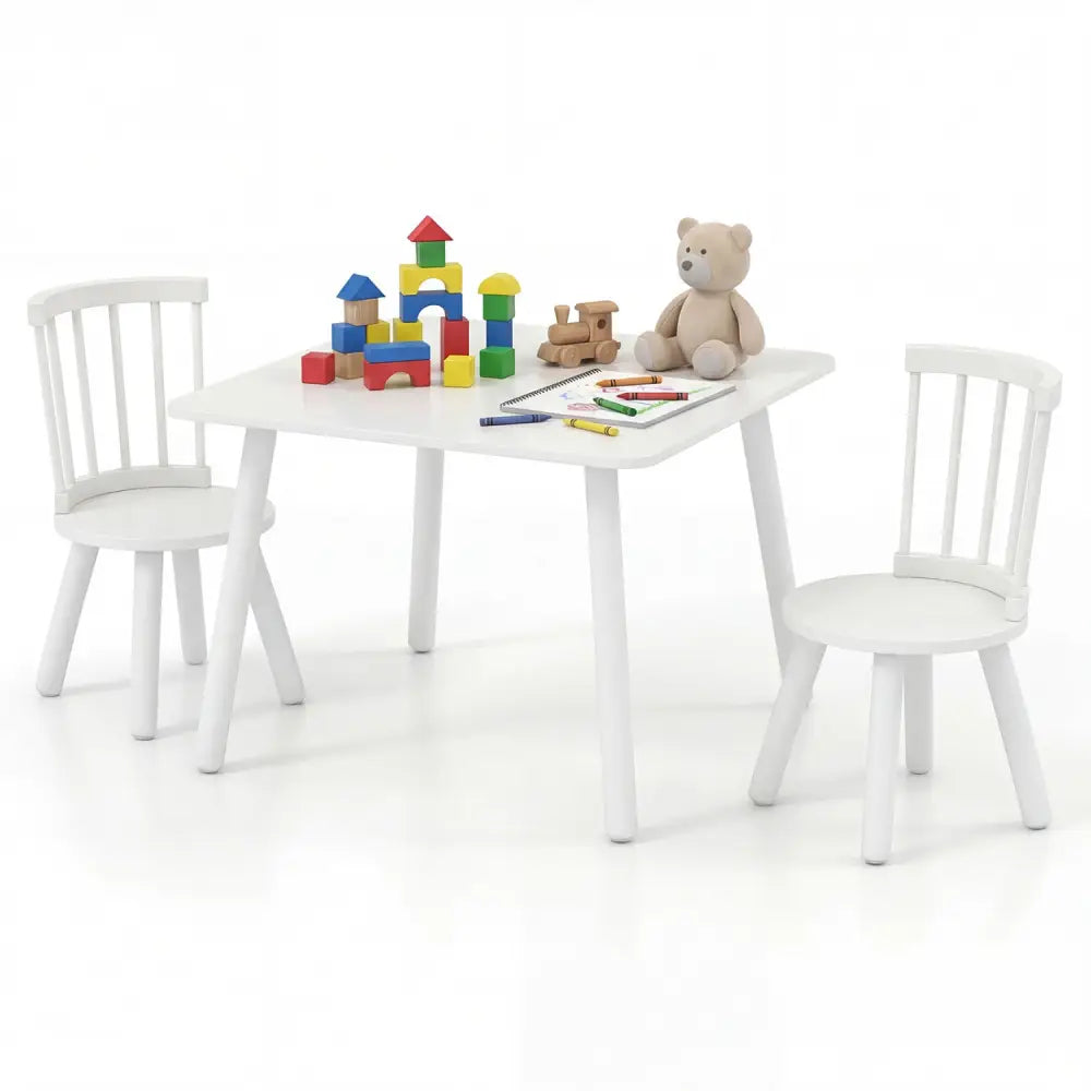 Kids Wooden Table and Chairs Set 3-Piece Toddler Furniture with Pine Wood Frame-White - White - Kids Table & Chair Sets