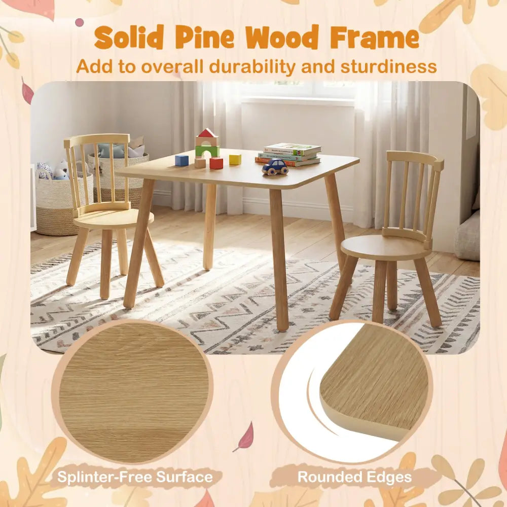 Kids Wooden Table and Chairs Set 3-Piece Toddler Furniture with Pine Wood Frame-Natural - Natural - Kids Table & Chair