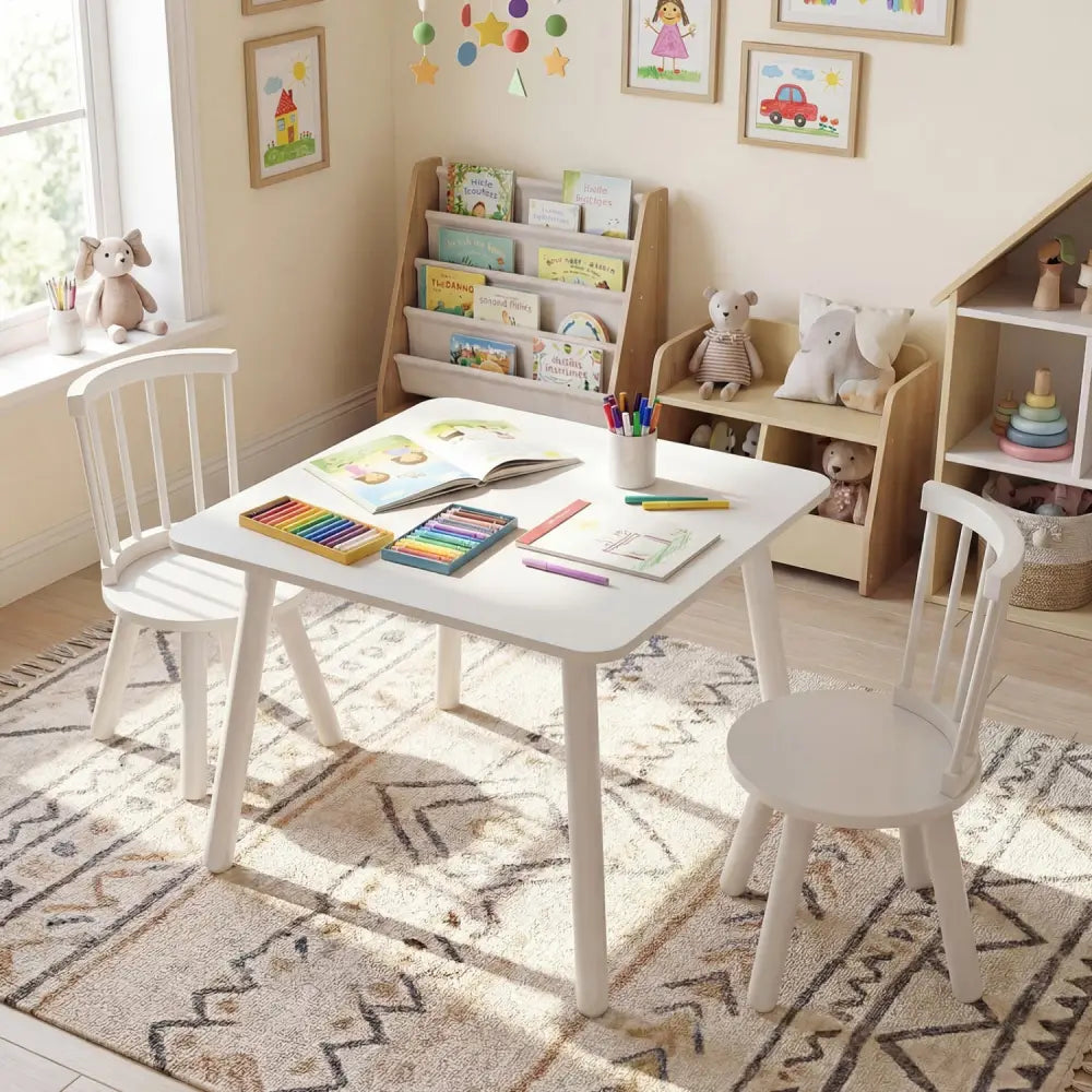 Kids Wooden Table and Chairs Set 3-Piece Toddler Furniture with Pine Wood Frame-White - White - Kids Table & Chair Sets