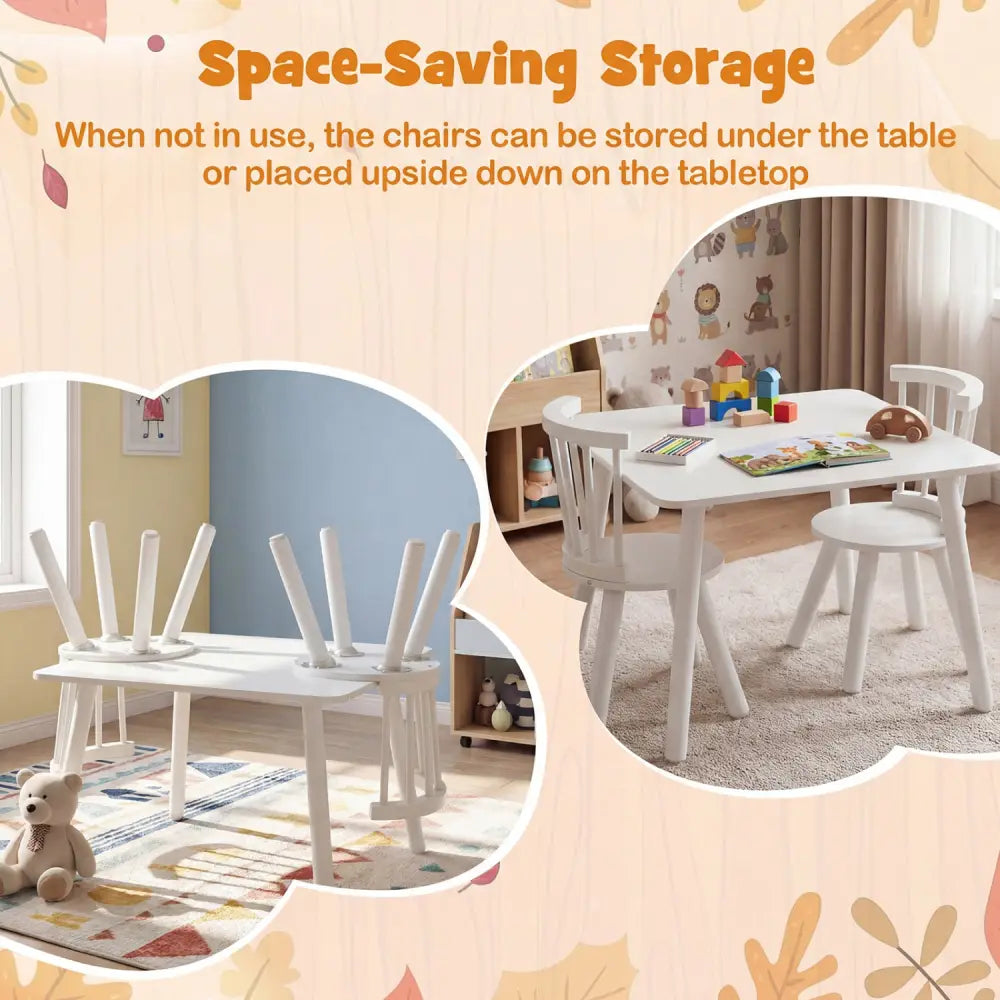 Kids Wooden Table and Chairs Set 3-Piece Toddler Furniture with Pine Wood Frame-White - White - Kids Table & Chair Sets