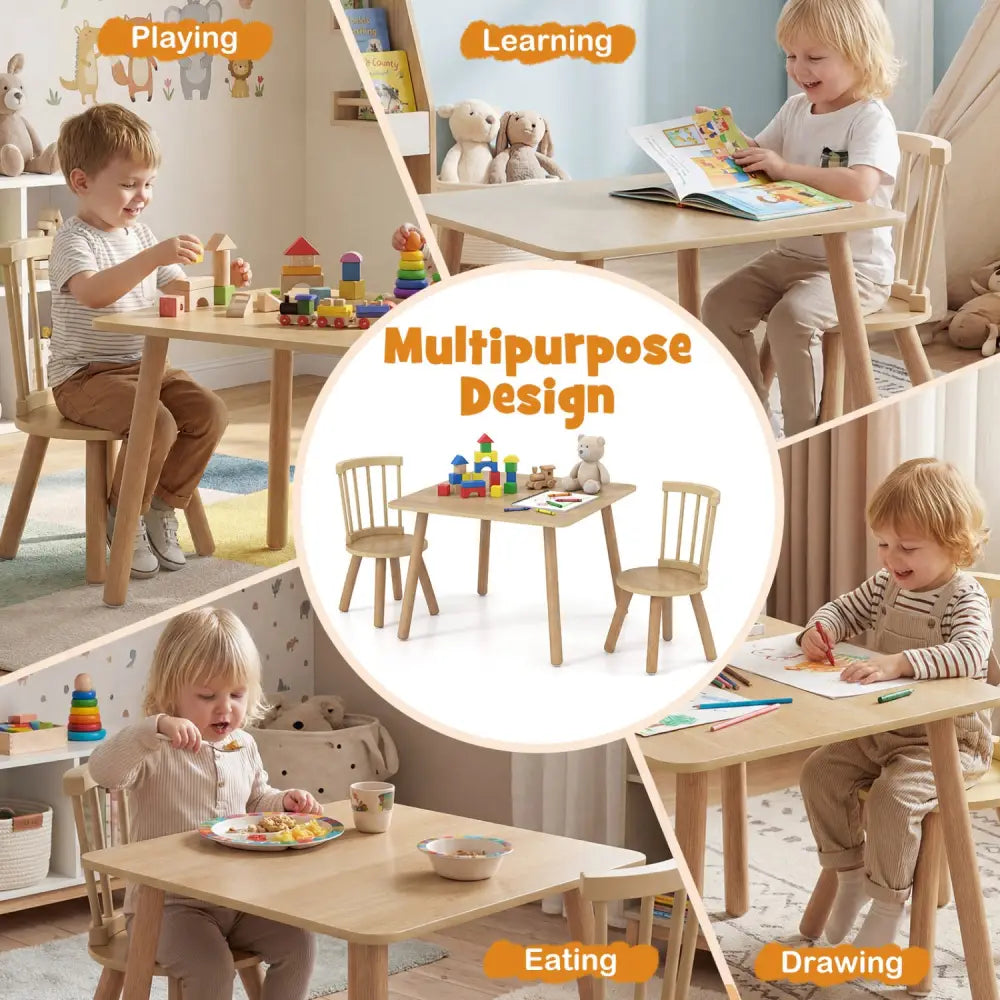 Kids Wooden Table and Chairs Set 3-Piece Toddler Furniture with Pine Wood Frame-Natural - Natural - Kids Table & Chair
