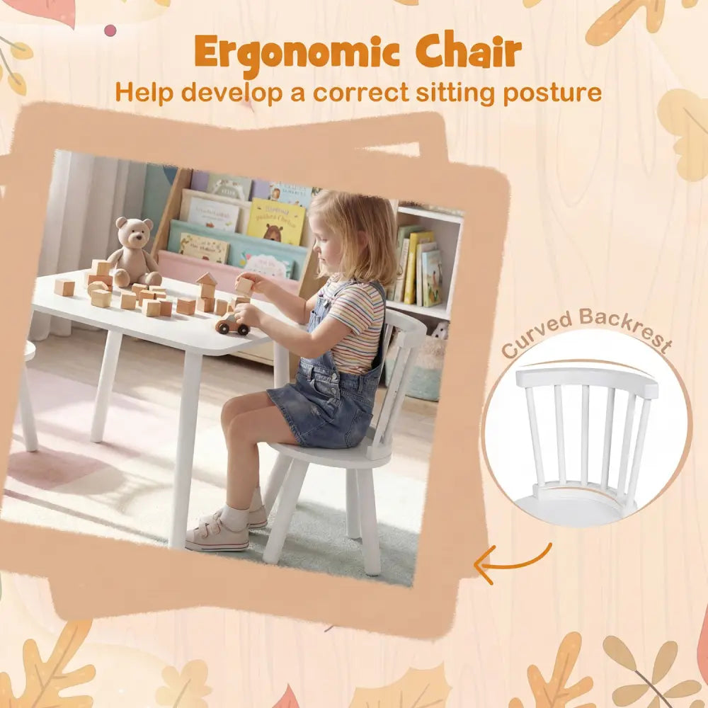 Kids Wooden Table and Chairs Set 3-Piece Toddler Furniture with Pine Wood Frame-White - White - Kids Table & Chair Sets