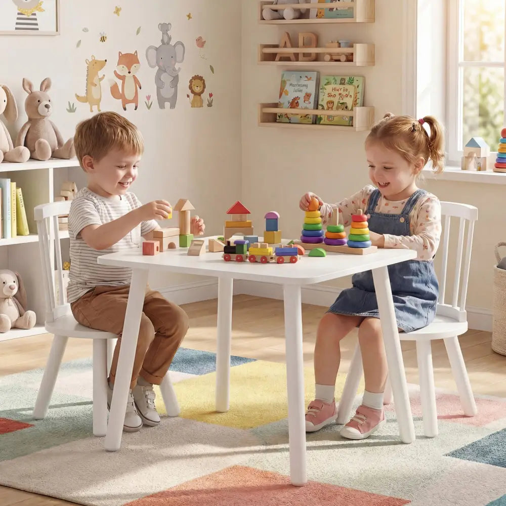 Kids Wooden Table and Chairs Set 3-Piece Toddler Furniture with Pine Wood Frame-White - White - Kids Table & Chair Sets