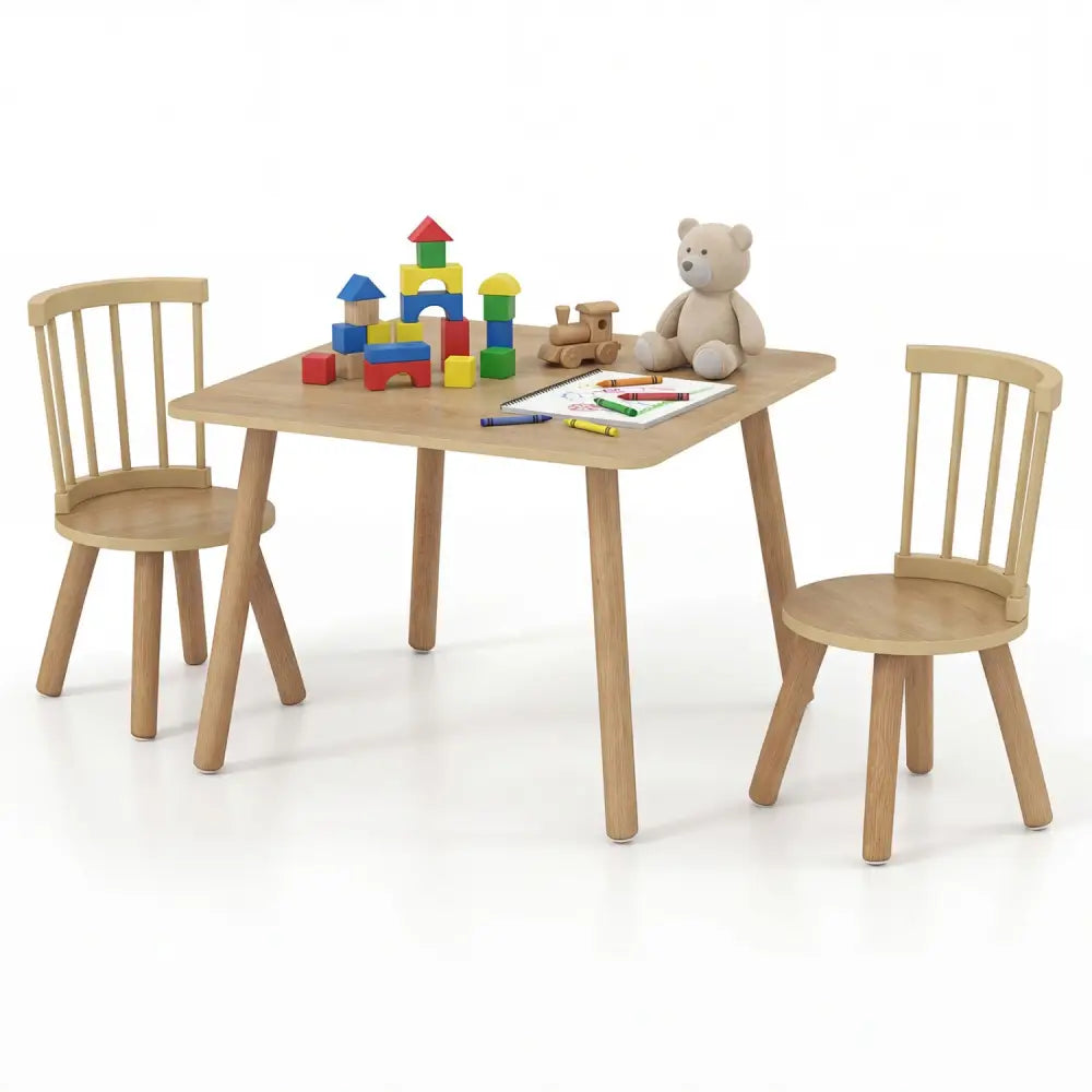 Kids Wooden Table and Chairs Set 3-Piece Toddler Furniture with Pine Wood Frame-Natural - Natural - Kids Table & Chair