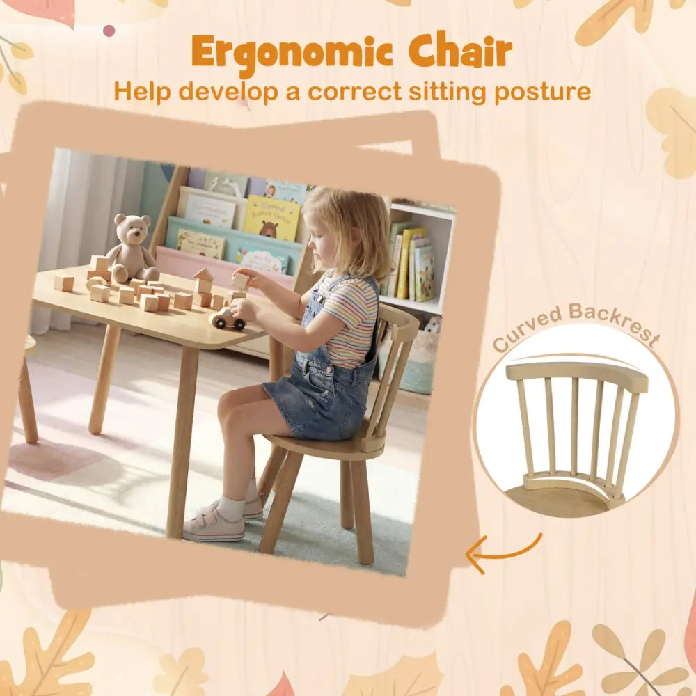 Kids Wooden Table and Chairs Set 3-Piece Toddler Furniture with Pine Wood Frame-Natural - Natural - Kids Table & Chair