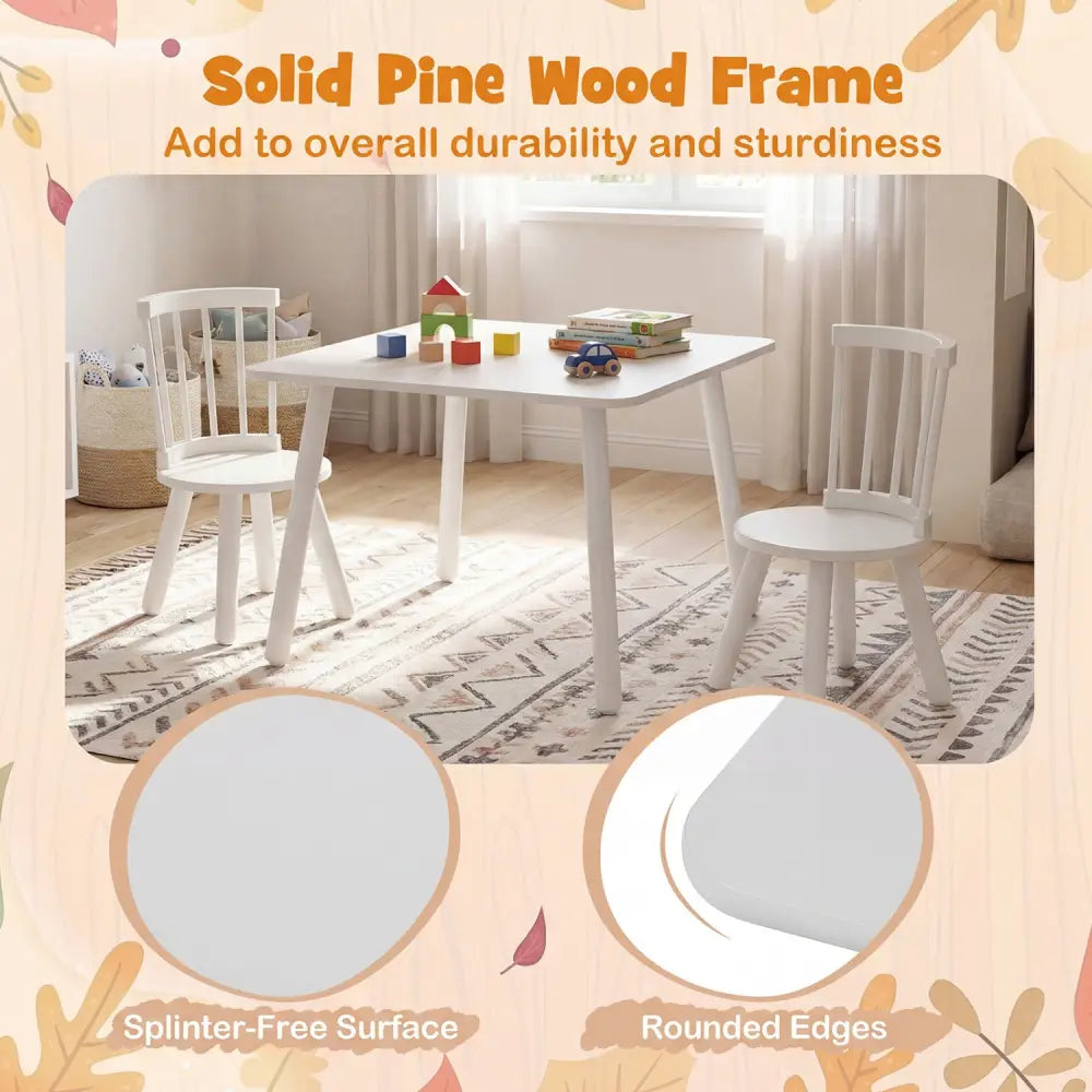 Kids Wooden Table and Chairs Set 3-Piece Toddler Furniture with Pine Wood Frame-White - White - Kids Table & Chair Sets