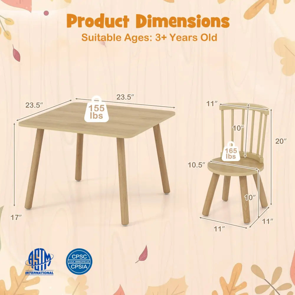 Kids Wooden Table and Chairs Set 3-Piece Toddler Furniture with Pine Wood Frame-Natural - Natural - Kids Table & Chair