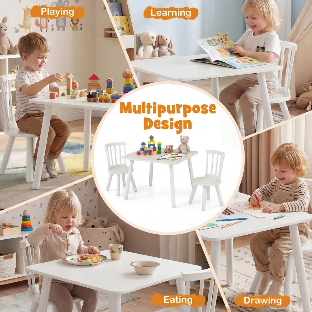 Kids Wooden Table and Chairs Set 3-Piece Toddler Furniture with Pine Wood Frame-White - White - Kids Table & Chair Sets