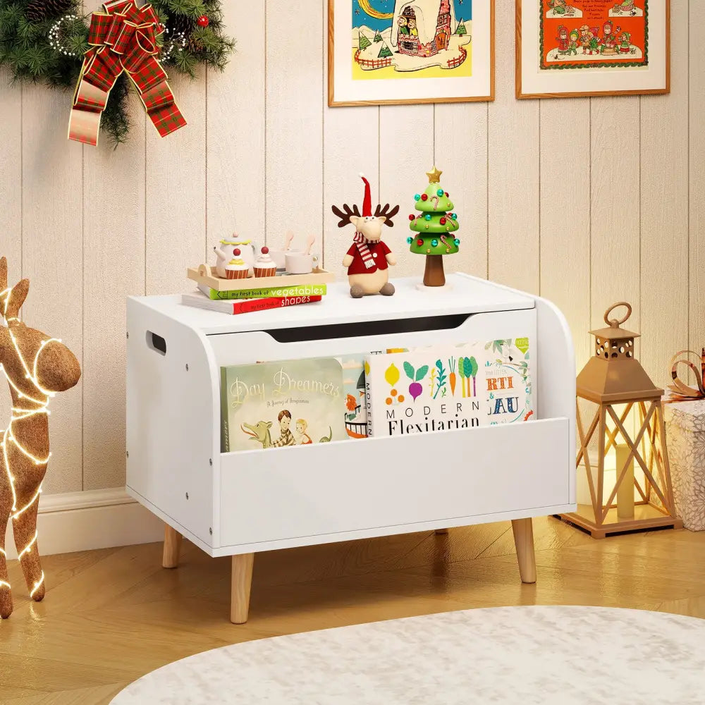 Kids Wooden Toy Box with Front Bookshelf and 4 Solid Wood Legs for Playroom-White - White - Kids Storage