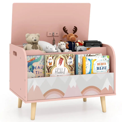 Kids Wooden Toy Box with Front Bookshelf and 4 Solid Wood Legs for Playroom-Pink - Pink - Kids Storage