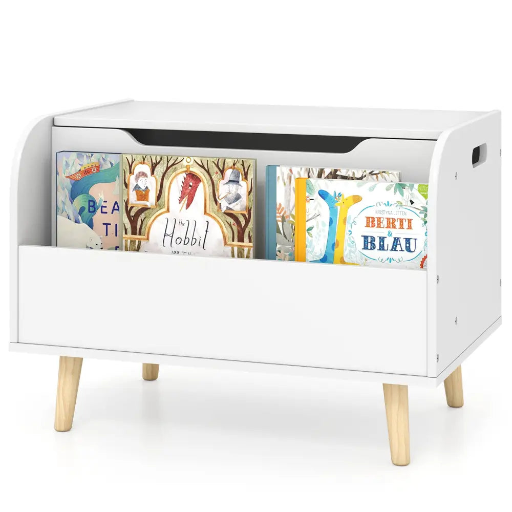 Kids Wooden Toy Box with Front Bookshelf and 4 Solid Wood Legs for Playroom-White - White - Kids Storage