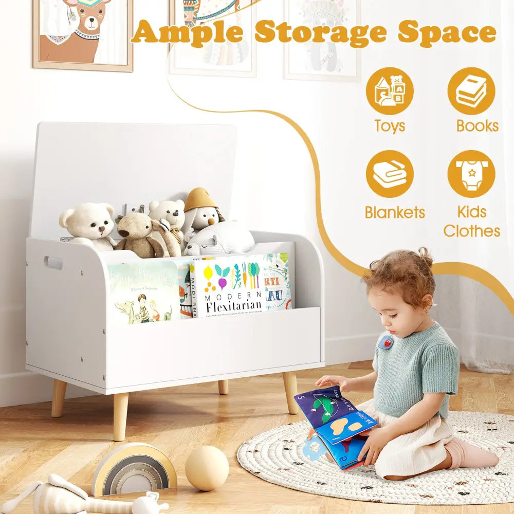 Kids Wooden Toy Box with Front Bookshelf and 4 Solid Wood Legs for Playroom-White - White - Kids Storage