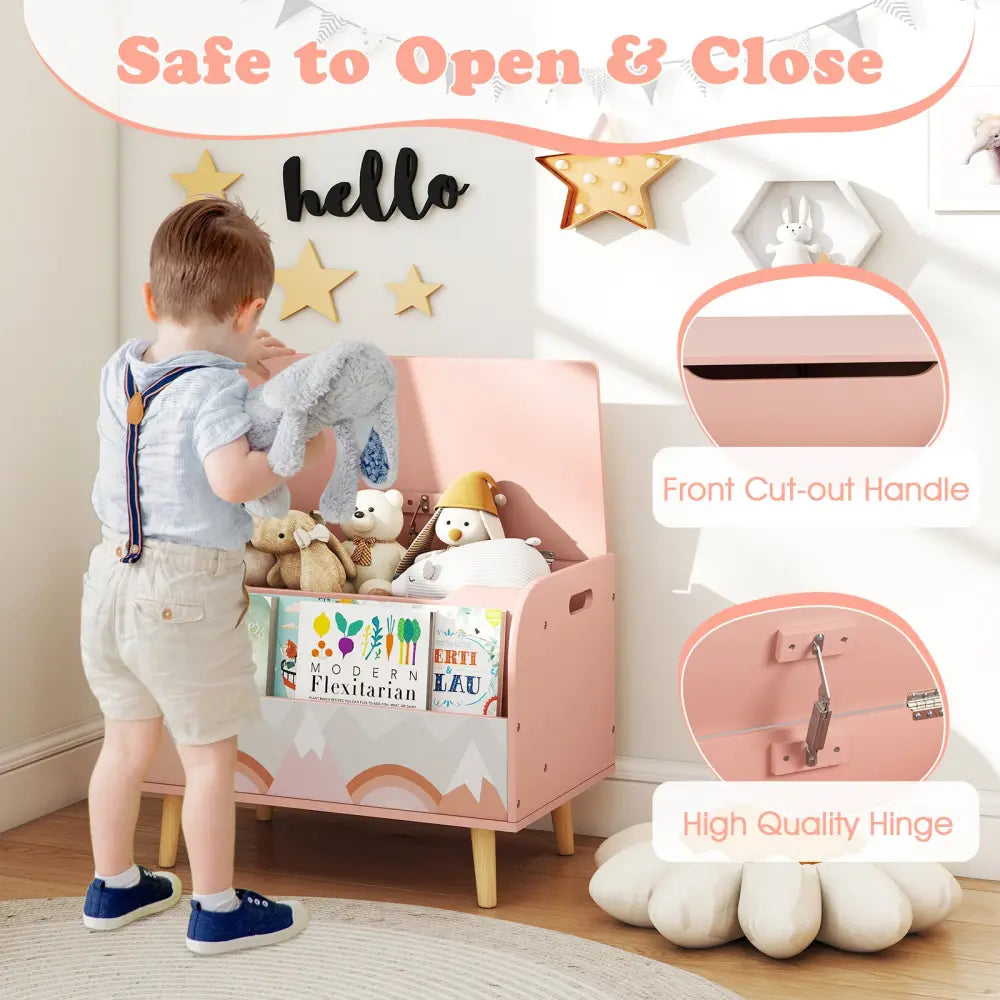 Kids Wooden Toy Box with Front Bookshelf and 4 Solid Wood Legs for Playroom-Pink - Pink - Kids Storage