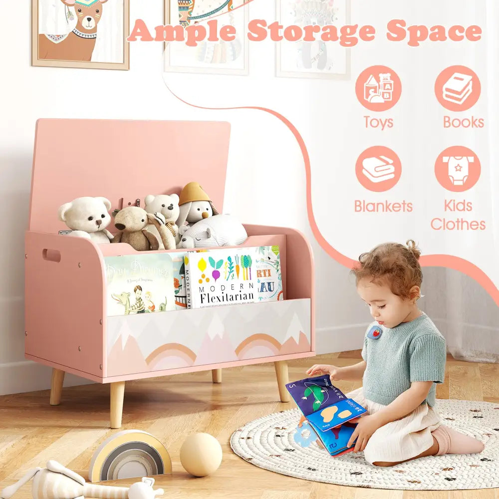 Kids Wooden Toy Box with Front Bookshelf and 4 Solid Wood Legs for Playroom-Pink - Pink - Kids Storage
