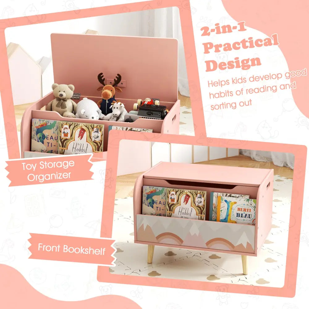 Kids Wooden Toy Box with Front Bookshelf and 4 Solid Wood Legs for Playroom-Pink - Pink - Kids Storage