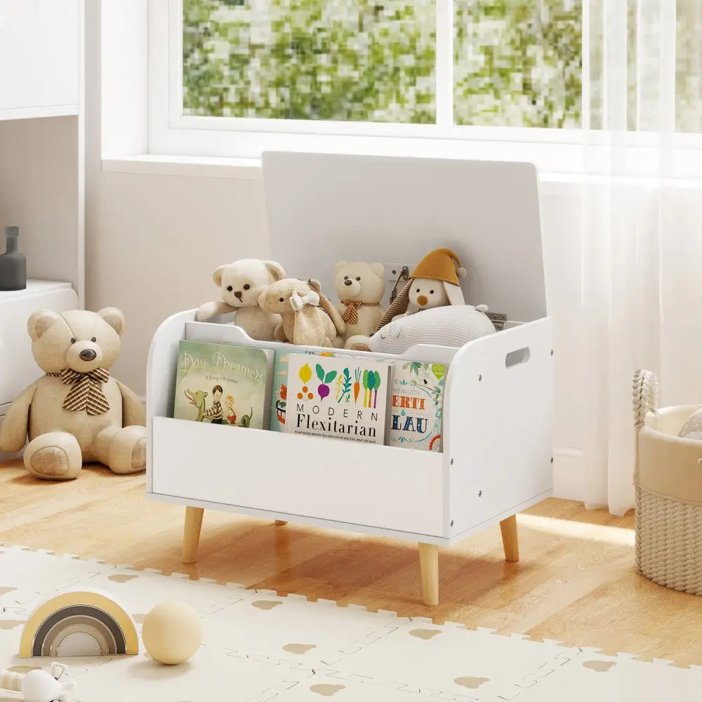 Kids Wooden Toy Box with Front Bookshelf and 4 Solid Wood Legs for Playroom-White - White - Kids Storage