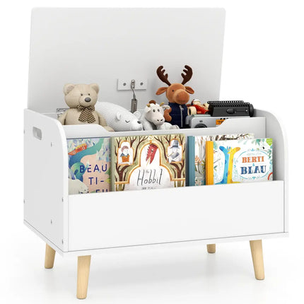 Kids Wooden Toy Box with Front Bookshelf and 4 Solid Wood Legs for Playroom-White - White - Kids Storage