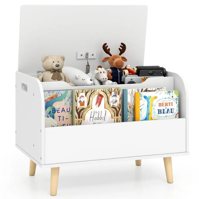 Kids Wooden Toy Box with Front Bookshelf and 4 Solid Wood Legs for Playroom-White - White - Kids Storage