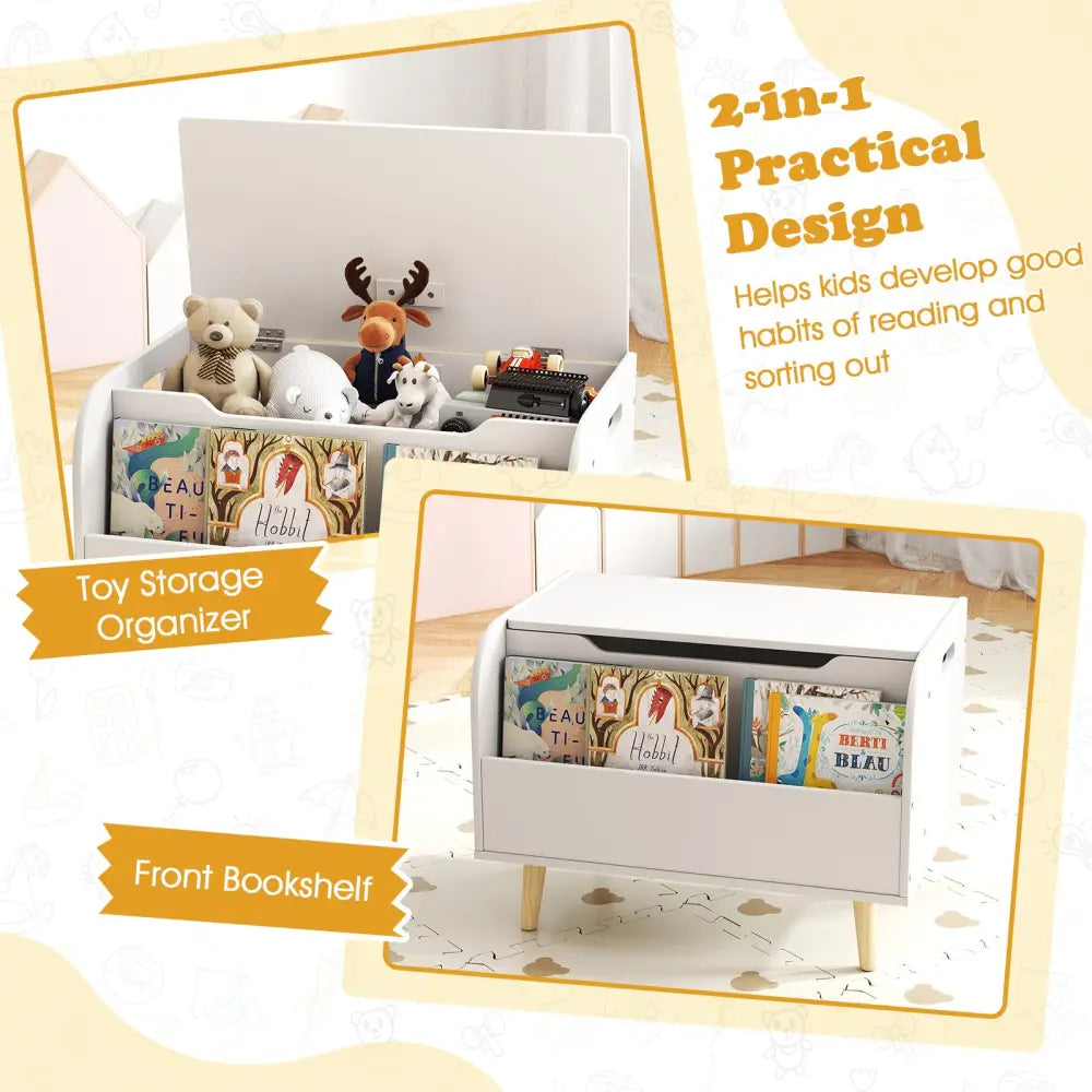 Kids Wooden Toy Box with Front Bookshelf and 4 Solid Wood Legs for Playroom-White - White - Kids Storage