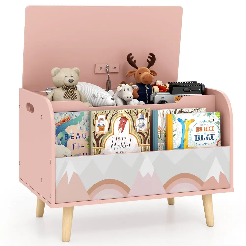 Kids Wooden Toy Box with Front Bookshelf and 4 Solid Wood Legs for Playroom-Pink - Pink - Kids Storage