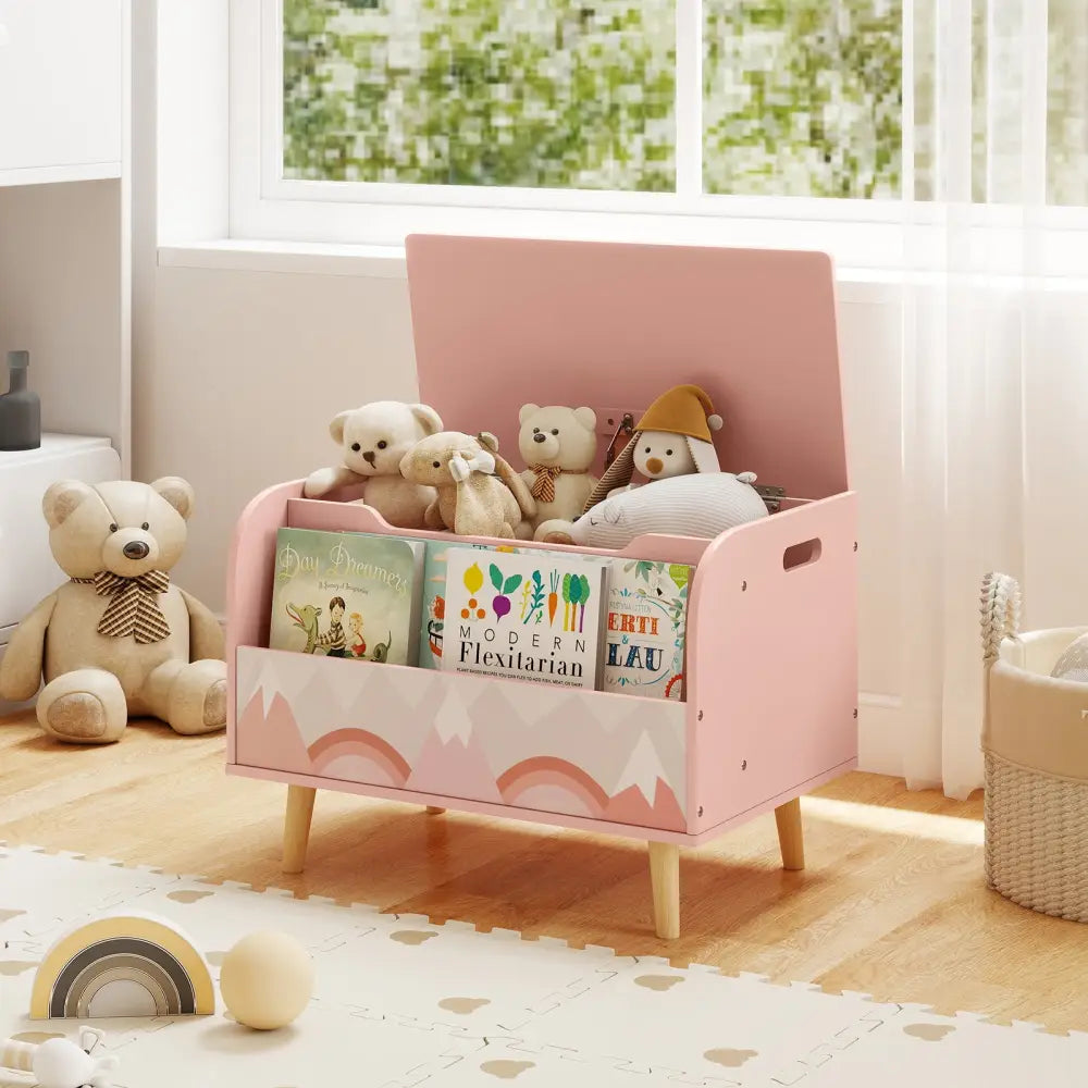 Kids Wooden Toy Box with Front Bookshelf and 4 Solid Wood Legs for Playroom-Pink - Pink - Kids Storage