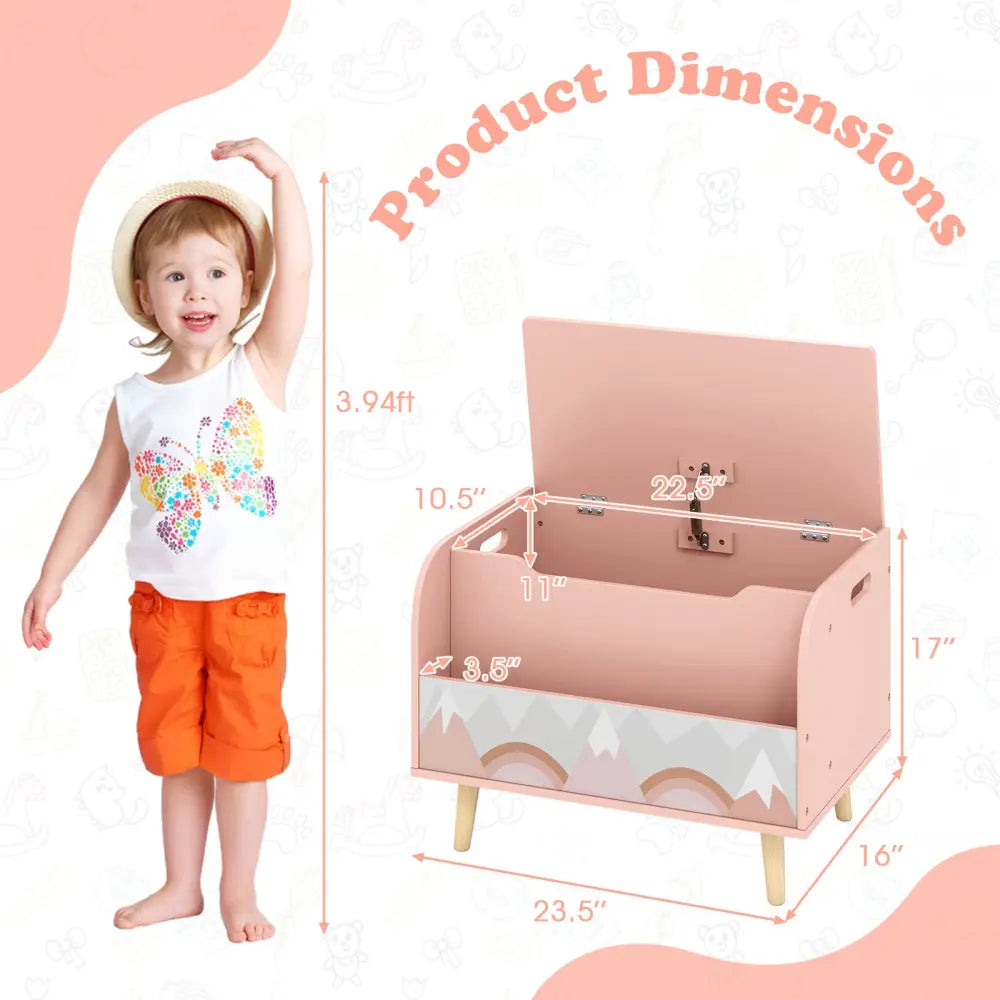 Kids Wooden Toy Box with Front Bookshelf and 4 Solid Wood Legs for Playroom-Pink - Pink - Kids Storage