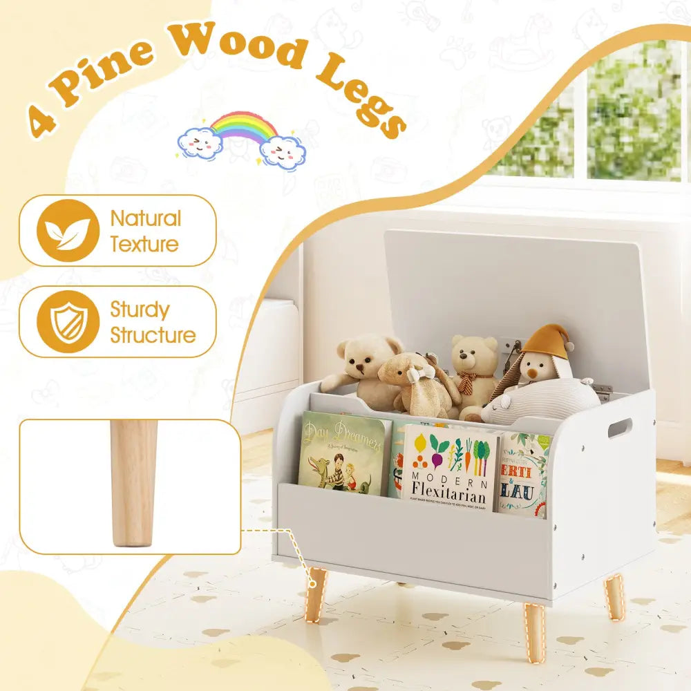 Kids Wooden Toy Box with Front Bookshelf and 4 Solid Wood Legs for Playroom-White - White - Kids Storage