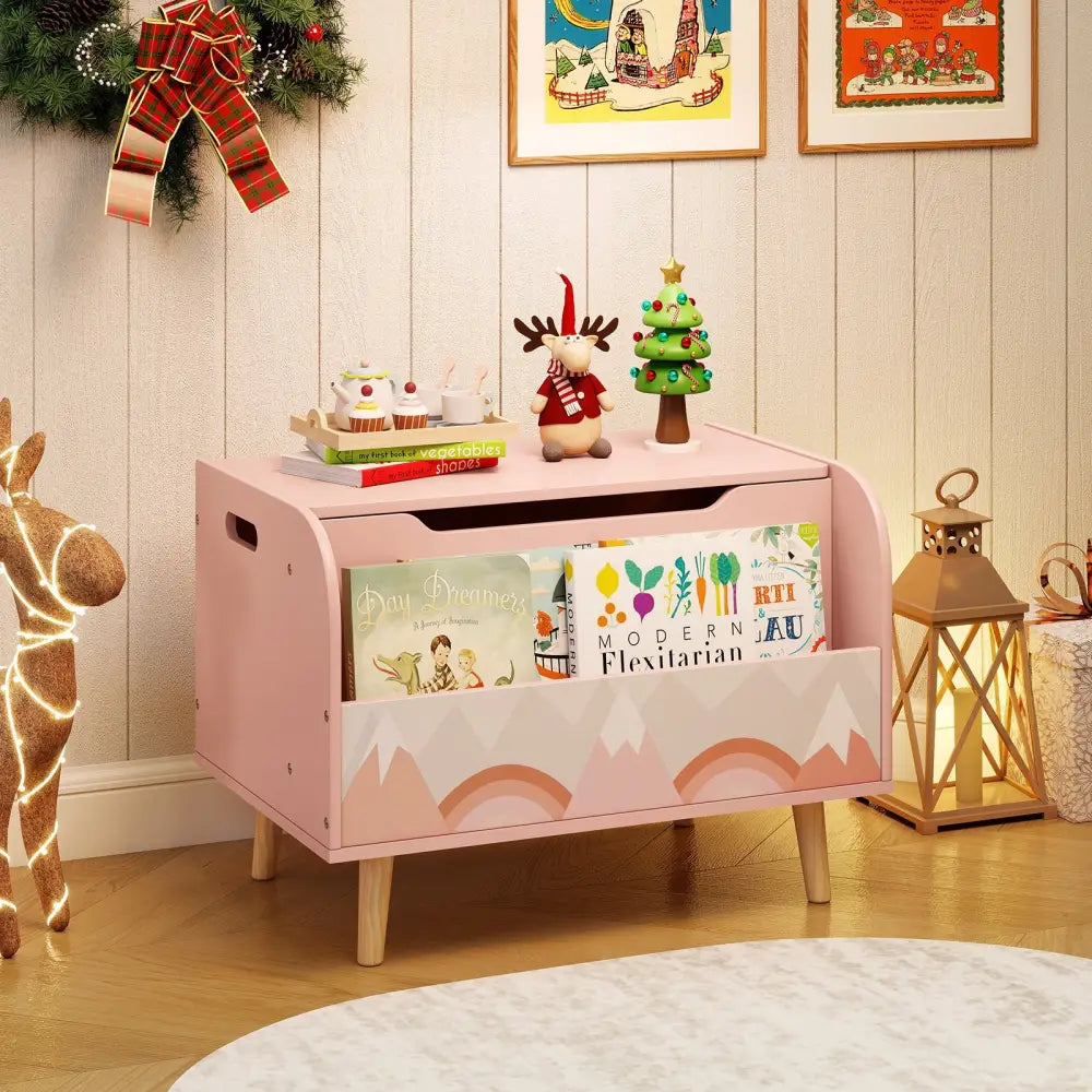 Kids Wooden Toy Box with Front Bookshelf and 4 Solid Wood Legs for Playroom-Pink - Pink - Kids Storage