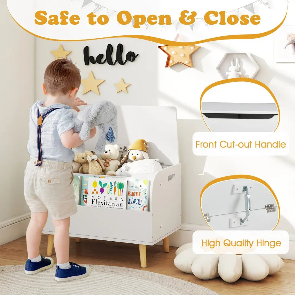 Kids Wooden Toy Box with Front Bookshelf and 4 Solid Wood Legs for Playroom-White - White - Kids Storage