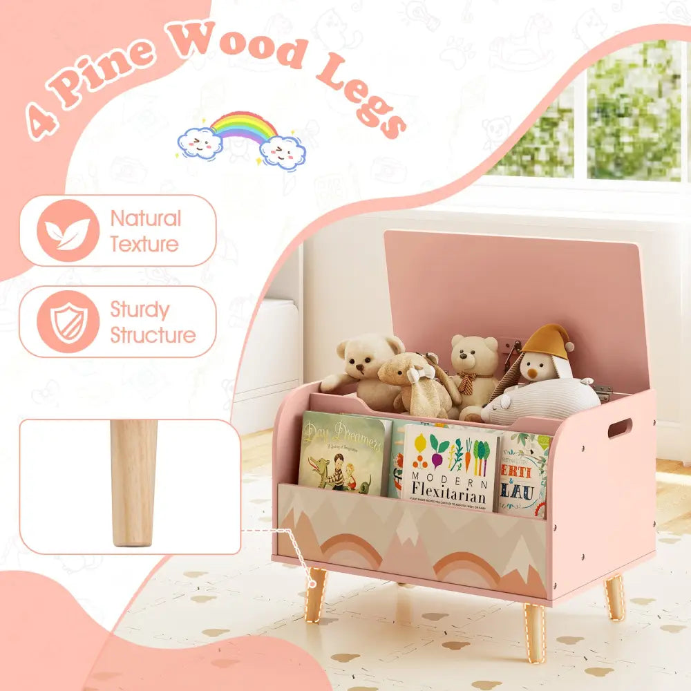 Kids Wooden Toy Box with Front Bookshelf and 4 Solid Wood Legs for Playroom-Pink - Pink - Kids Storage