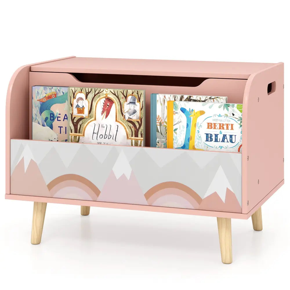 Kids Wooden Toy Box with Front Bookshelf and 4 Solid Wood Legs for Playroom-Pink - Pink - Kids Storage