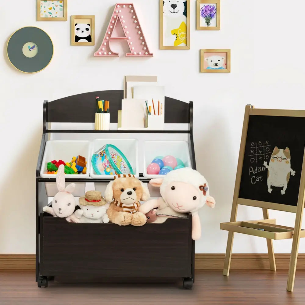 Kids Wooden Toy Storage Unit Organizer with Rolling Toy Box and Plastic Bins-Espresso - Dark Brown - Kids Storage