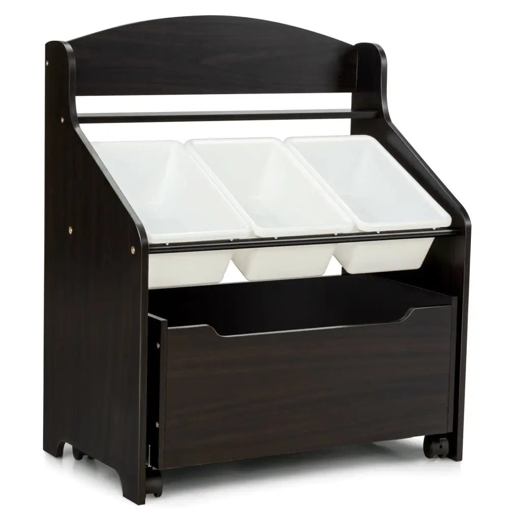 Kids Wooden Toy Storage Unit Organizer with Rolling Toy Box and Plastic Bins-Espresso - Dark Brown - Kids Storage