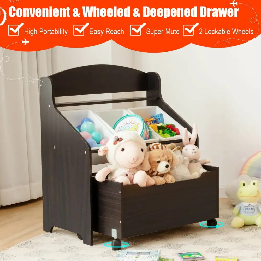 Kids Wooden Toy Storage Unit Organizer with Rolling Toy Box and Plastic Bins-Espresso - Dark Brown - Kids Storage