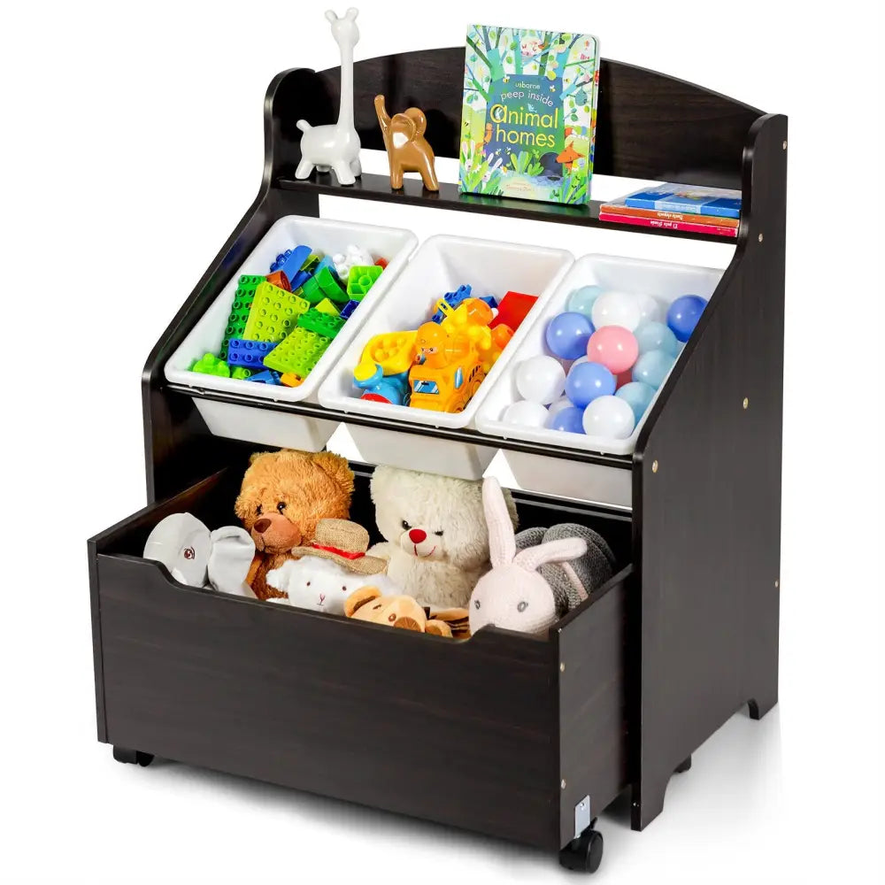 Kids Wooden Toy Storage Unit Organizer with Rolling Toy Box and Plastic Bins-Espresso - Dark Brown - Kids Storage