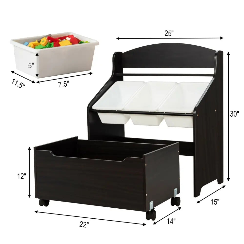 Kids Wooden Toy Storage Unit Organizer with Rolling Toy Box and Plastic Bins-Espresso - Dark Brown - Kids Storage