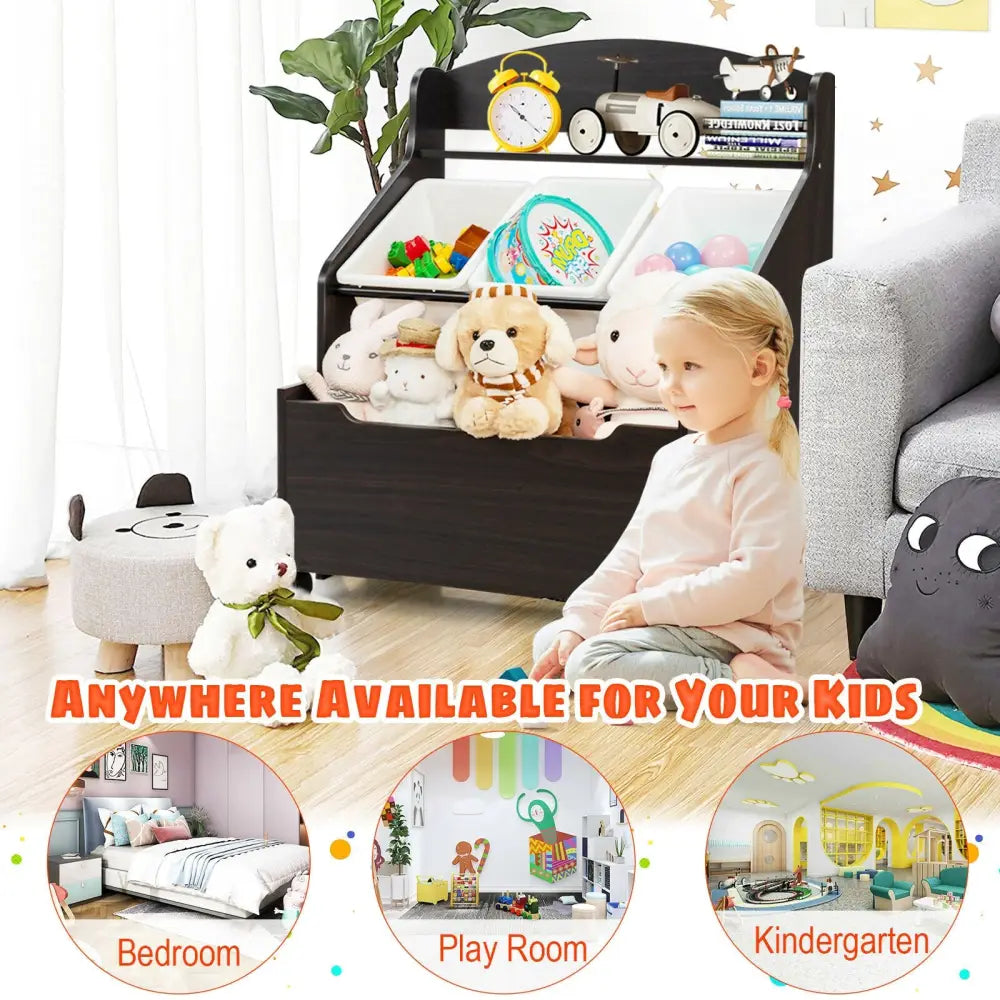 Kids Wooden Toy Storage Unit Organizer with Rolling Toy Box and Plastic Bins-Espresso - Dark Brown - Kids Storage