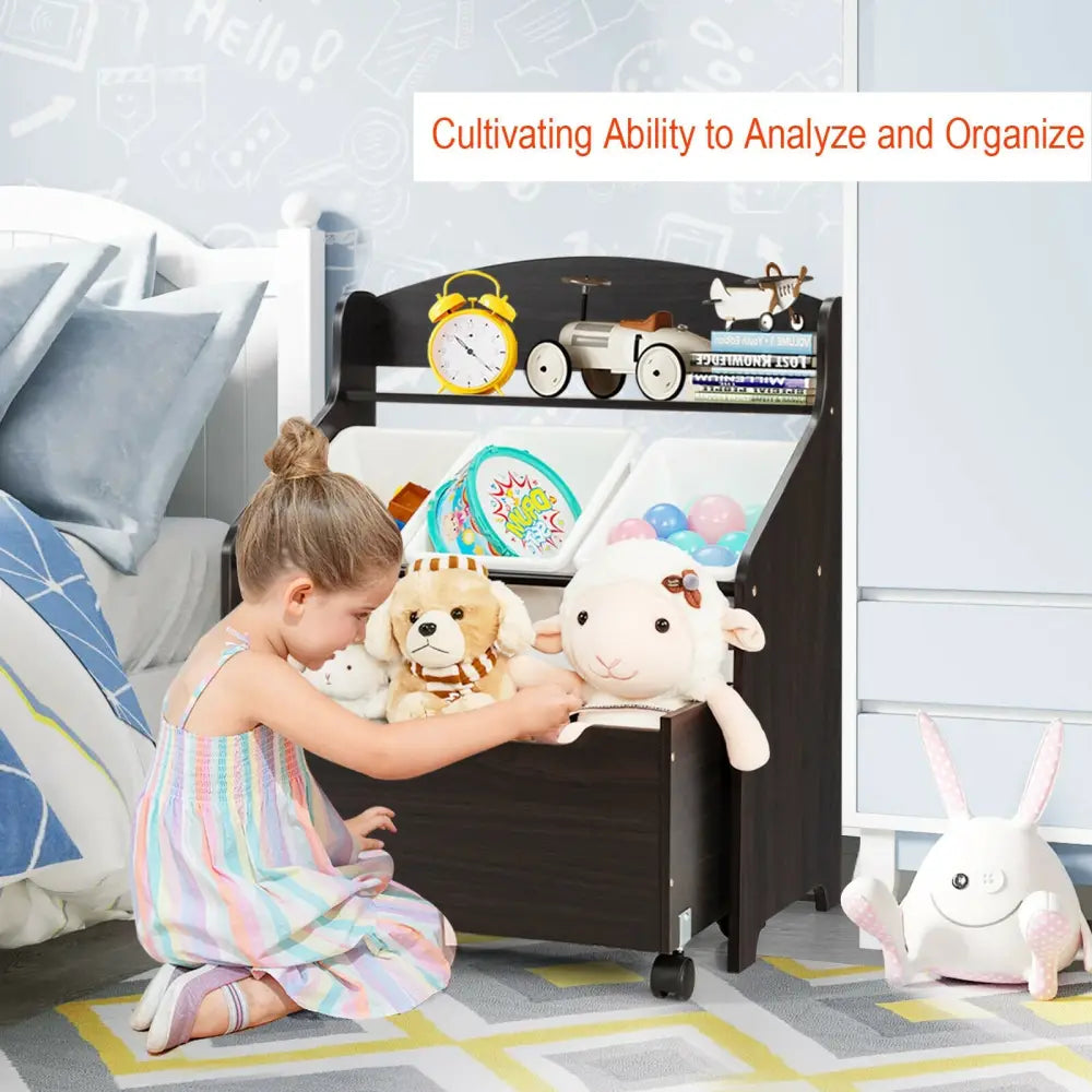 Kids Wooden Toy Storage Unit Organizer with Rolling Toy Box and Plastic Bins-Espresso - Dark Brown - Kids Storage