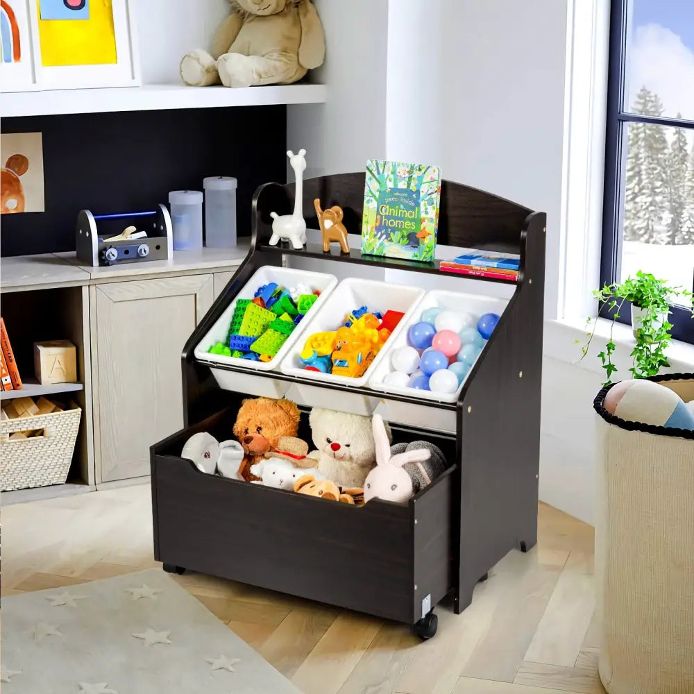 Kids Wooden Toy Storage Unit Organizer with Rolling Toy Box and Plastic Bins-Espresso - Dark Brown - Kids Storage