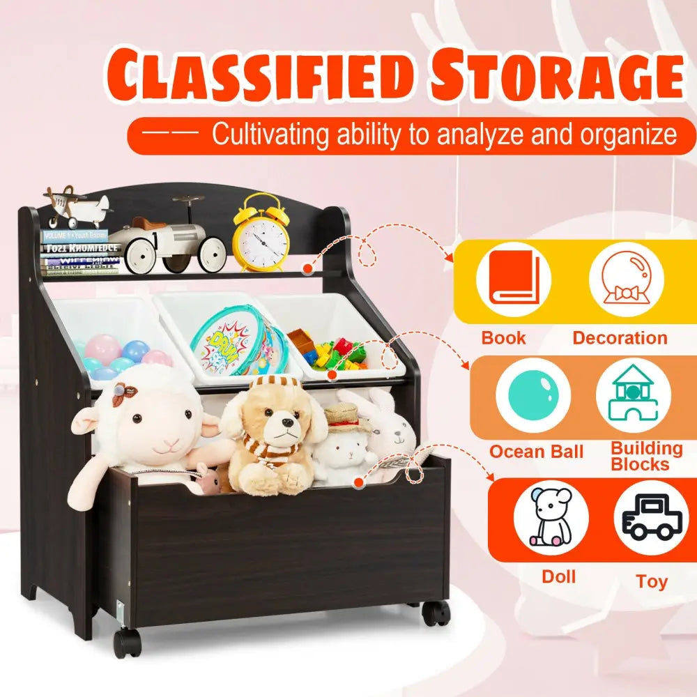 Kids Wooden Toy Storage Unit Organizer with Rolling Toy Box and Plastic Bins-Espresso - Dark Brown - Kids Storage