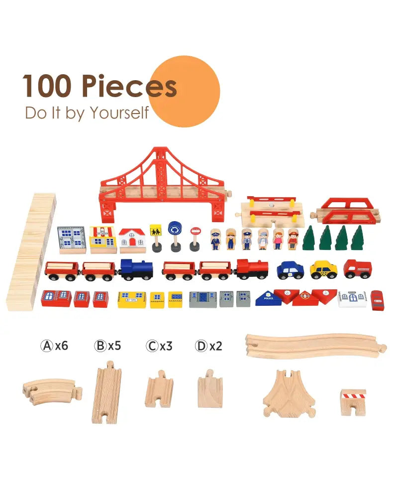 Kids Wooden Train Set Table with 100 Multicolor Pieces and Lockable Wheels - Natural - Learning Toys
