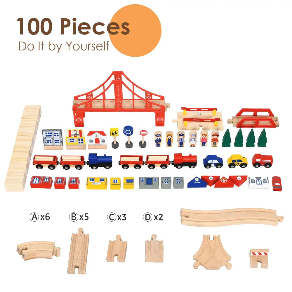Kids Wooden Train Set Table with 100 Multicolor Pieces and Lockable Wheels - Natural - Learning Toys
