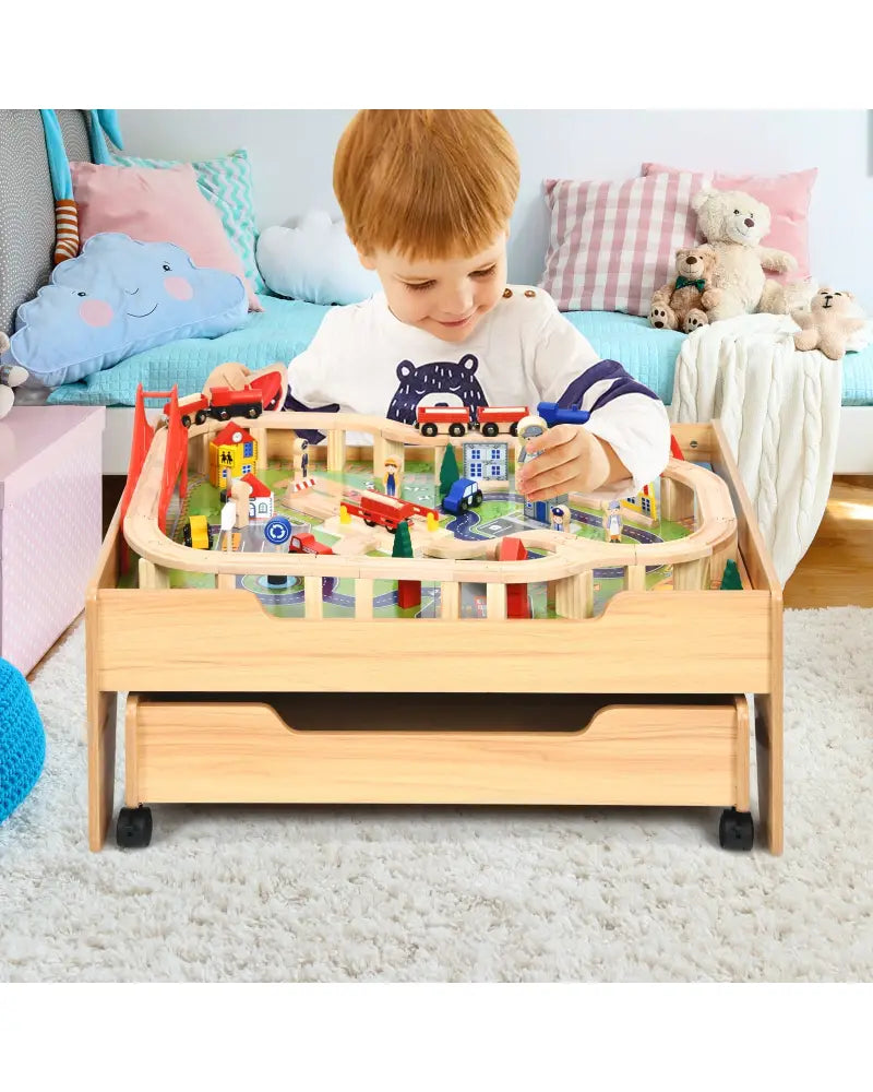 Kids Wooden Train Set Table with 100 Multicolor Pieces and Lockable Wheels - Natural - Learning Toys