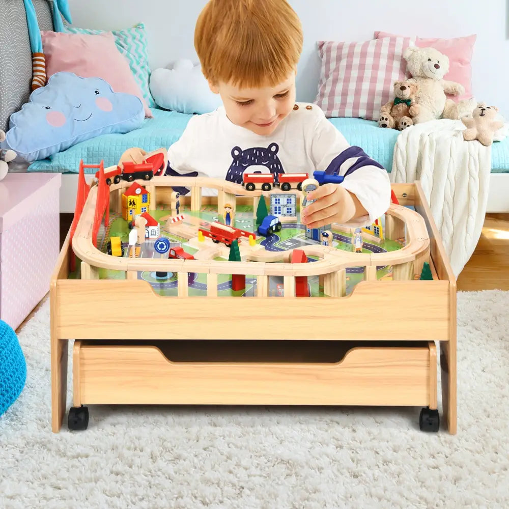 Kids Wooden Train Set Table with 100 Multicolor Pieces and Lockable Wheels - Natural - Learning Toys